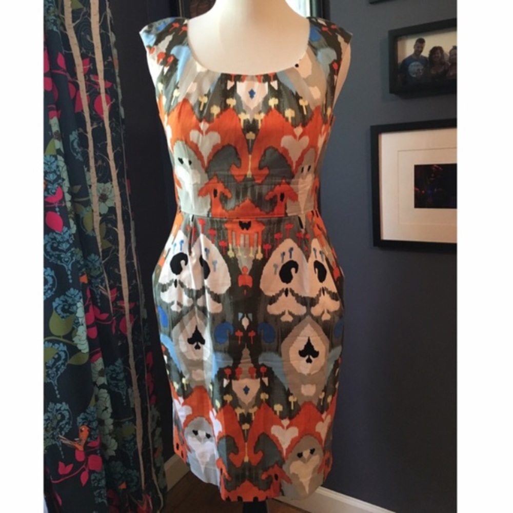 Maggie London Ikat orange print sleeveless dress